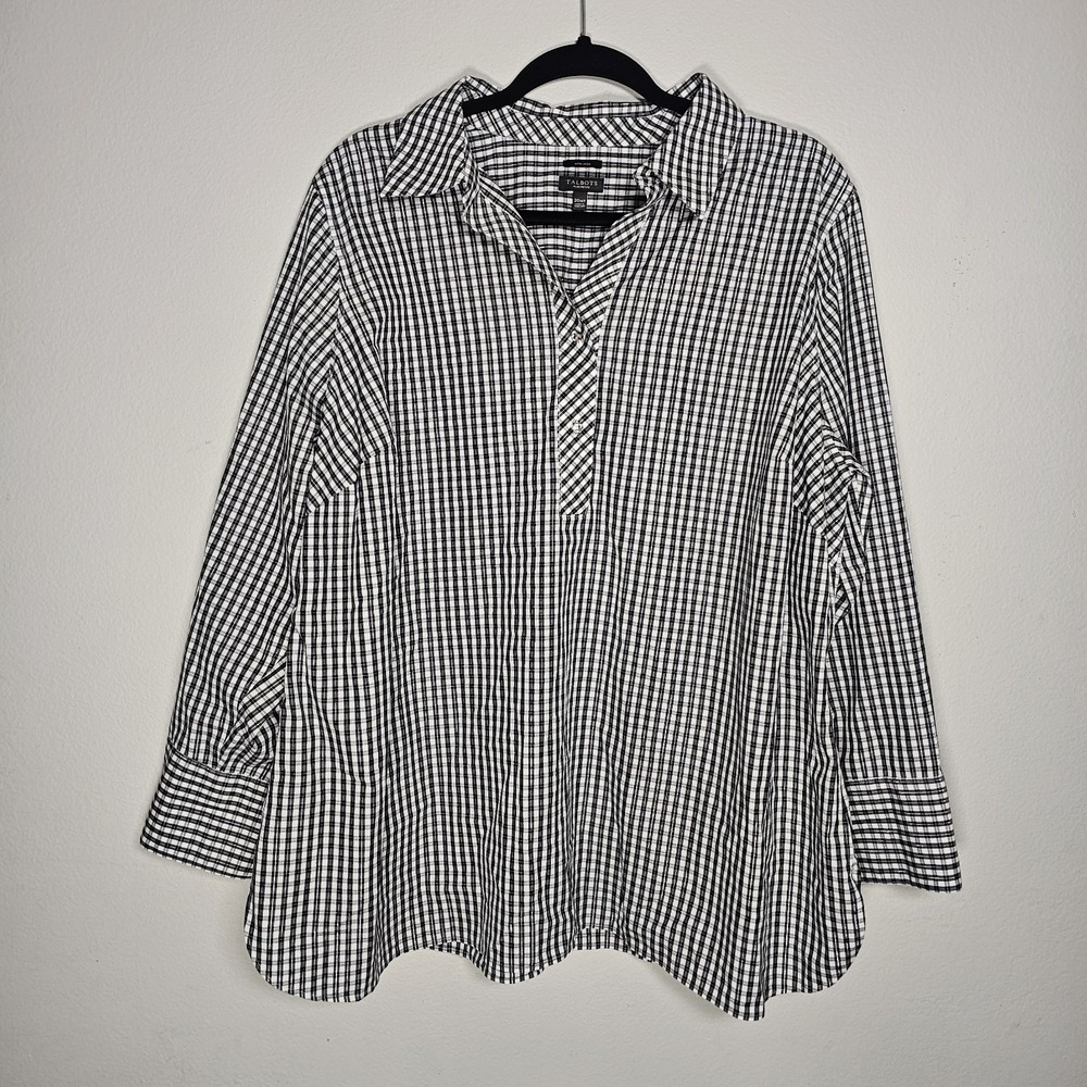 Talbots Womens 20WP Black White Metallic Plaid Long Sleeve Henley‎ Shirt *READ*